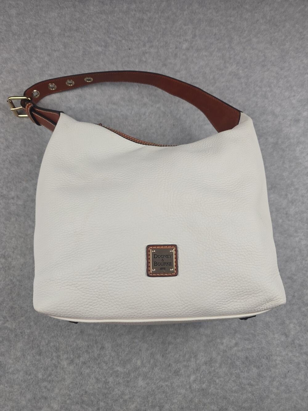 Dooney & Bourke Pebble Grain Leather Hobo Shoulder Bag White Brown Trim Tassel